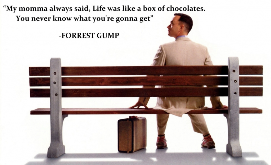 The famous quote from Forest Gump, "My momma always said, life was like a box of chocolates. You never know what you're gonna get," is an example of a simile.